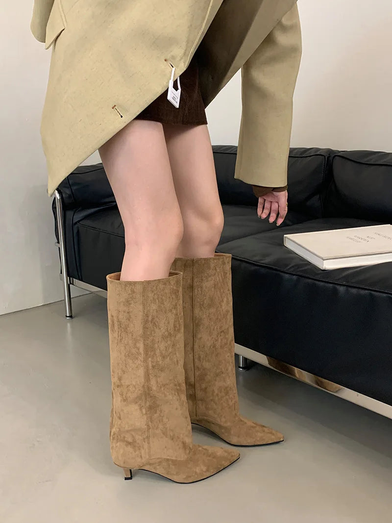 Street Style Pointed Toe Knee-High Boots Women Low Heels Shoes Female Long Booties Women Shoes