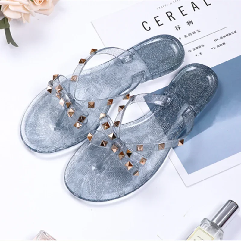 Women Jelly Slippers Rivets Studs Bow-Knot Leisure Daily Flip-Flops For Raining Days Anti-Slip Flat Slippers
