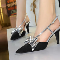 French Style Velvet Pointed Toe High Heels Hollow out Embroidery Butterfly Knot Party Shoes Women's Low Heel Single Shoes