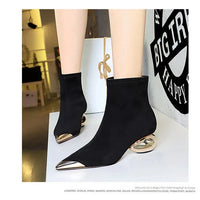 Street Style Fur Metal Hollow Heel Modern Faux Suede Short Boots for Women Metal Pointed Toe Low Heel Boots Female