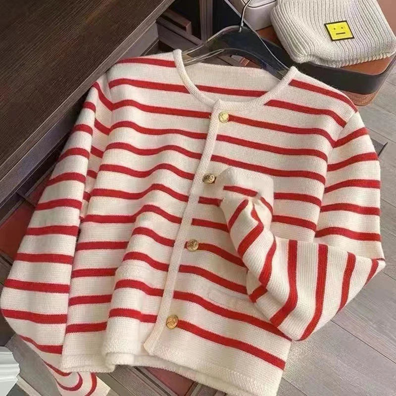 Chic Striped O Neck Sweaters Women Autumn Winter Korean Fashion Long Sleeve Knitwear Coats Single Breasted Knitted Cardigans Natalia Home Fashion    Natalia Home Fashion