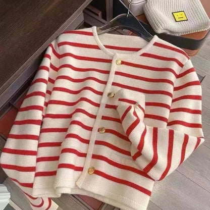 Chic Striped O Neck Sweaters Women Autumn Winter Korean Fashion Long Sleeve Knitwear Coats Single Breasted Knitted Cardigans Natalia Home Fashion    Natalia Home Fashion