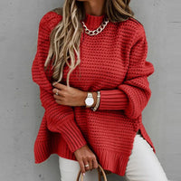 Solid Color Simple Semi-high Collar Long-sleeved Split Pullover Sweater Autumn Winter Women's New Loose Casual Knitted Sweater Natalia Home Fashion    Natalia Home Fashion