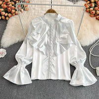 Luxury Ruffle Flared Sleeves Blouse Shirts Women  Retro Blouse Stand Collar French Design Chic Loose Top