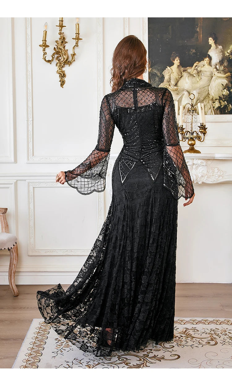 Black Lace Mermaid Elegant Evening Dress for Women High Neck Long Sleeve Sequins Party Dresses Prom Gowns Wedding