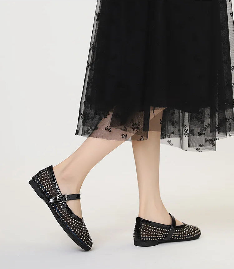 French-style rhinestone mesh Mary Jane shoes, breathable shallow single shoes, fairy-style soft-soled flat shoes