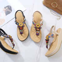Sandals Women PU Flip Flops Casual Shoes Woman Beading Elastic Band Wedges Sandals Ethnic Style Fashion Flats - Natalia Home Fashion