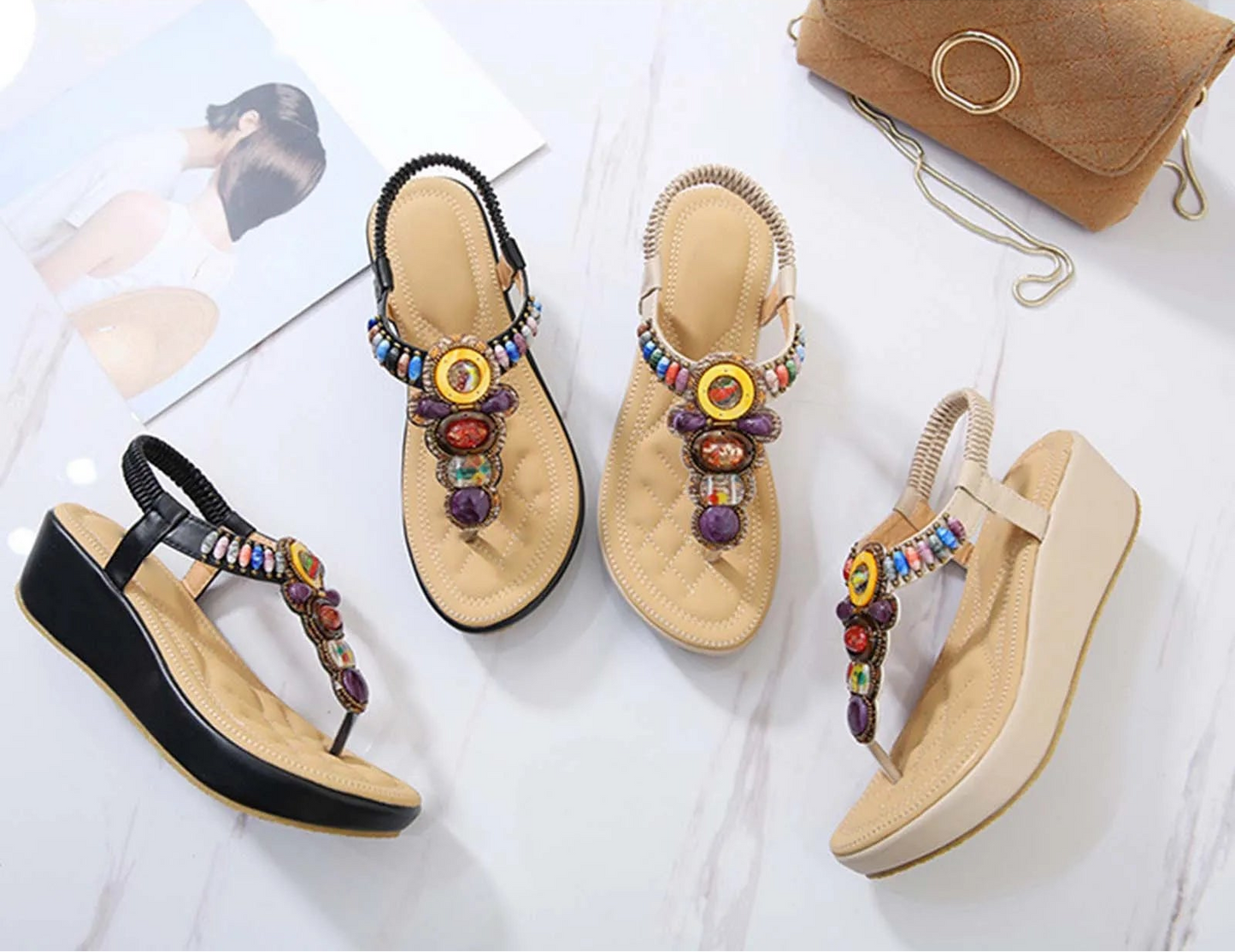 Sandals Women PU Flip Flops Casual Shoes Woman Beading Elastic Band Wedges Sandals Ethnic Style Fashion Flats - Natalia Home Fashion