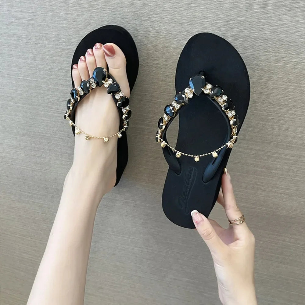 Women Slippers Fashion Summer New Water Diamond Flip Flops Women Outwear Thick Sole Slope Heels Beach Vacation Slippers