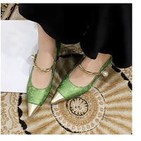 Metal Decoration Buckle Strap Women's Low Thin Heels Pumps Pointed Toe Wedding Party Shoes
