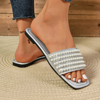Women Luxury Pearl Slippers Square Toe Beach Flat Sandals Comfortable Non Slip Slippers  Slides Women