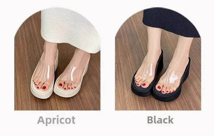 Thick Heel Platform Sandals Women's Summer Casual round Head PVC Material Beach Slippers Transparent Strap Casual Slip-On Shoes