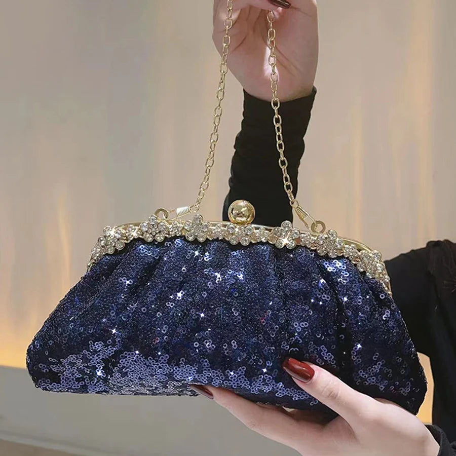 Fashion Sequins Bead Evening Bag Crystal Women Shell Clip Bags Blue Dinner Party Day Diamond Clutch Handbag Chains Shoulder Bags