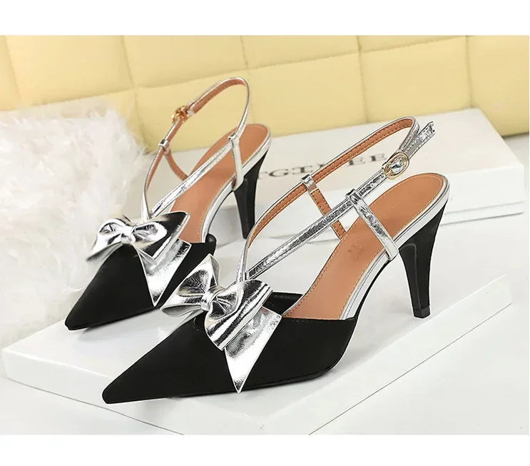 French Style Velvet Pointed Toe High Heels Hollow out Embroidery Butterfly Knot Party Shoes Women's Low Heel Single Shoes