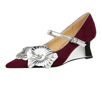 Metal Wedges 6 cm Women Pumps Flower Design High Heels Suede Sexy Party Shoes Buckle Ladies Shoes Women Wedges