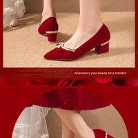 Women's Chunky Heel Pointed Toe Slip-On Shoes Wedding Dress Two-Way Wear Pearl Red Bridal Shoes Spring Autumn New Style