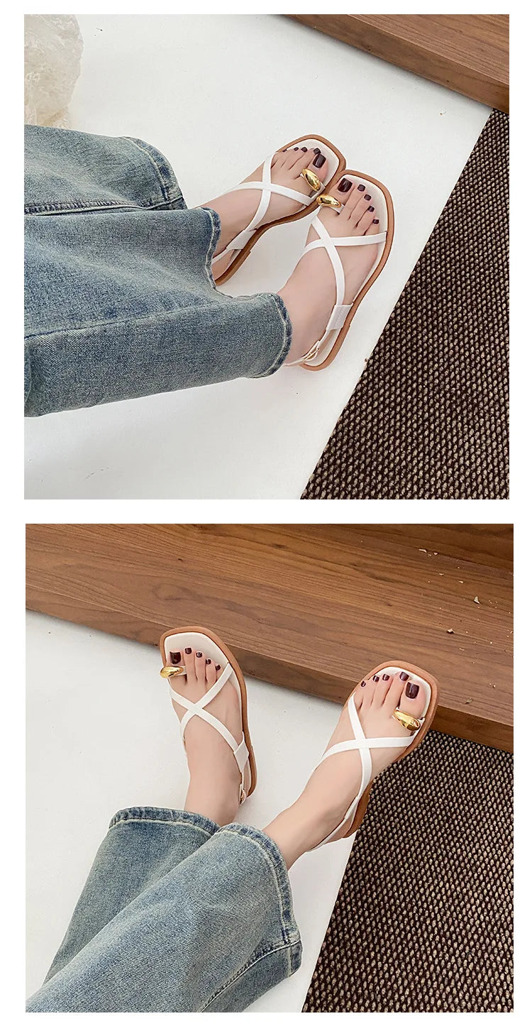 Women's Roman Style Toe-Over Sandals Flat Bottom Outdoor Wear Crossbody PVC Material Anti-Slip Low Heel Footwear