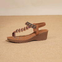 Bohemian Style Women's Sandals Summer Fashion Beach Slope Heel Slippers Beaded Diamond Slip-On round Toe PU Lined Mid Heel