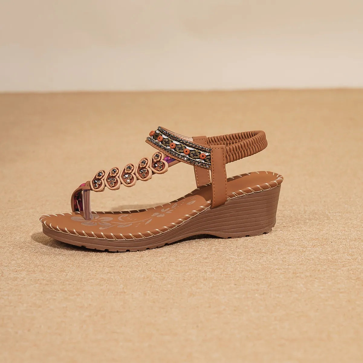 Bohemian Style Women's Sandals Summer Fashion Beach Slope Heel Slippers Beaded Diamond Slip-On round Toe PU Lined Mid Heel