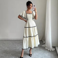 Women's Vintage Square Neck Flutter Sleeve Dress Summer Black Scallop Trim Tiered Ruffle Long Casual Vacation A-line Vestidos Natalia Home Fashion    Natalia Home Fashion