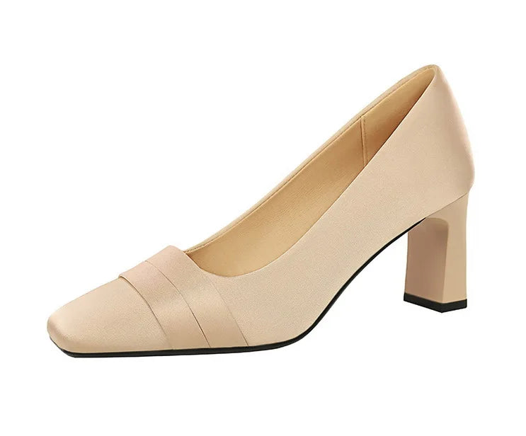 Elegant Satin High Heels Square Toe Slip-On Chunky Heel Comfortable Women's Shoes for Party Fashion Footwear Summer Autumn