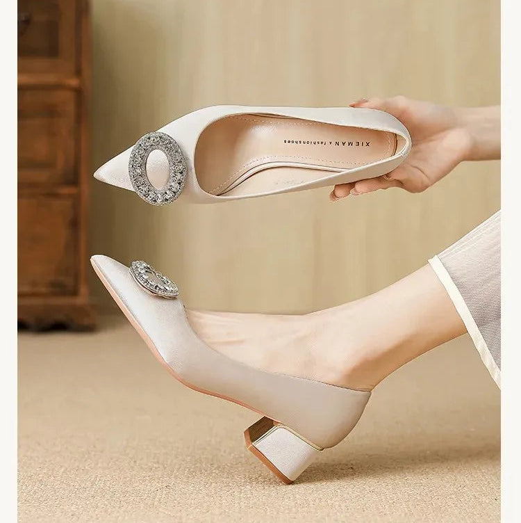 Soft Leather Black Pointed Toe Work Shoes Spring Autumn New Style Comfortable Thick Heel Professional Soft Bottom Shoes