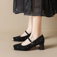 Retro Square Head Mary Jane Shoes Women Comfortable Slip-On High Heels Casual Velvet Upgraded Rubber Sole