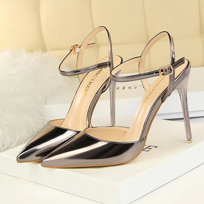 Women 10.5cm High Heels Sandals Lady Metallic Gray Patent Leather Stripper Ankle Strap Sandals Wedding Fetish Nightclub Shoes