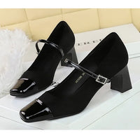 Leopard Print Women Pumps Suede Middle Heel Shoes Sexy Mary Jane Shoes Rhinestone Buckle Ladies Shoe Square Head