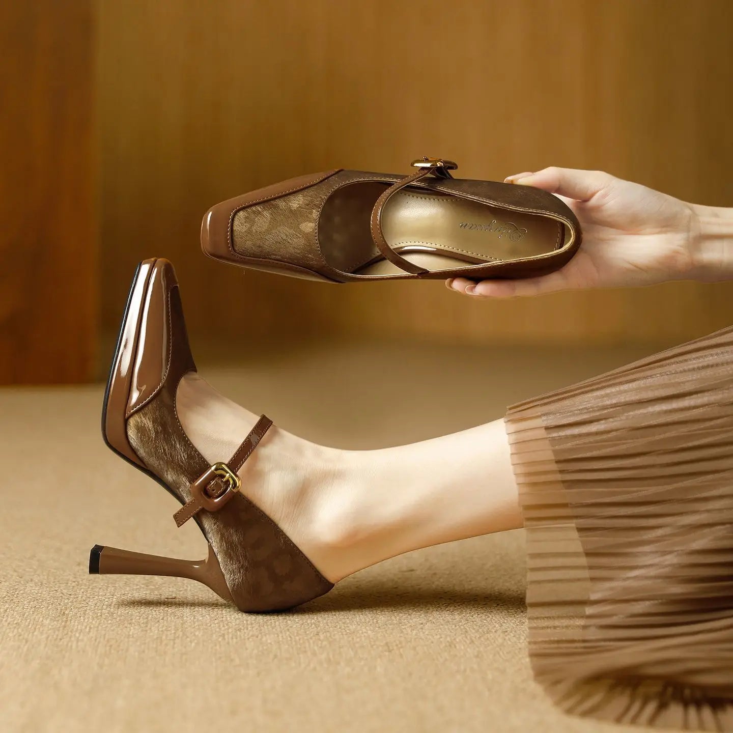 Comfortable Platform High Heels French Style Square Head Thin Strap Mule Women's Shoes