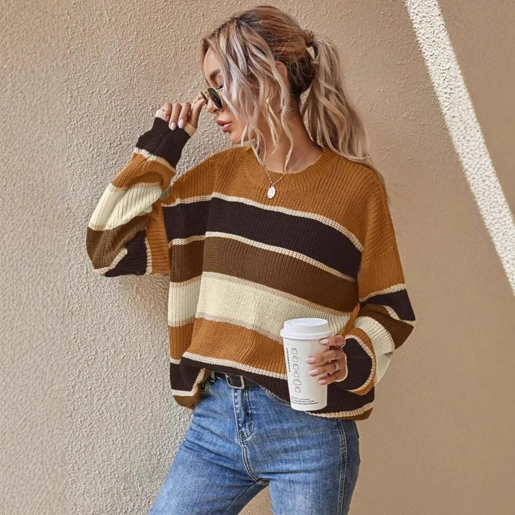 Women's Winter Clothing Oversized Striped Round Neck Ribbed Casual Sweater for Women Women's And Female Clothing Women's Winter Natalia Home Fashion    Natalia Home Fashion