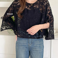 Round Neck Lace Shirt Women's Summer Floral Print Tie Dotted Cotton Blend Full Sleeve Slim Fit Button up Top