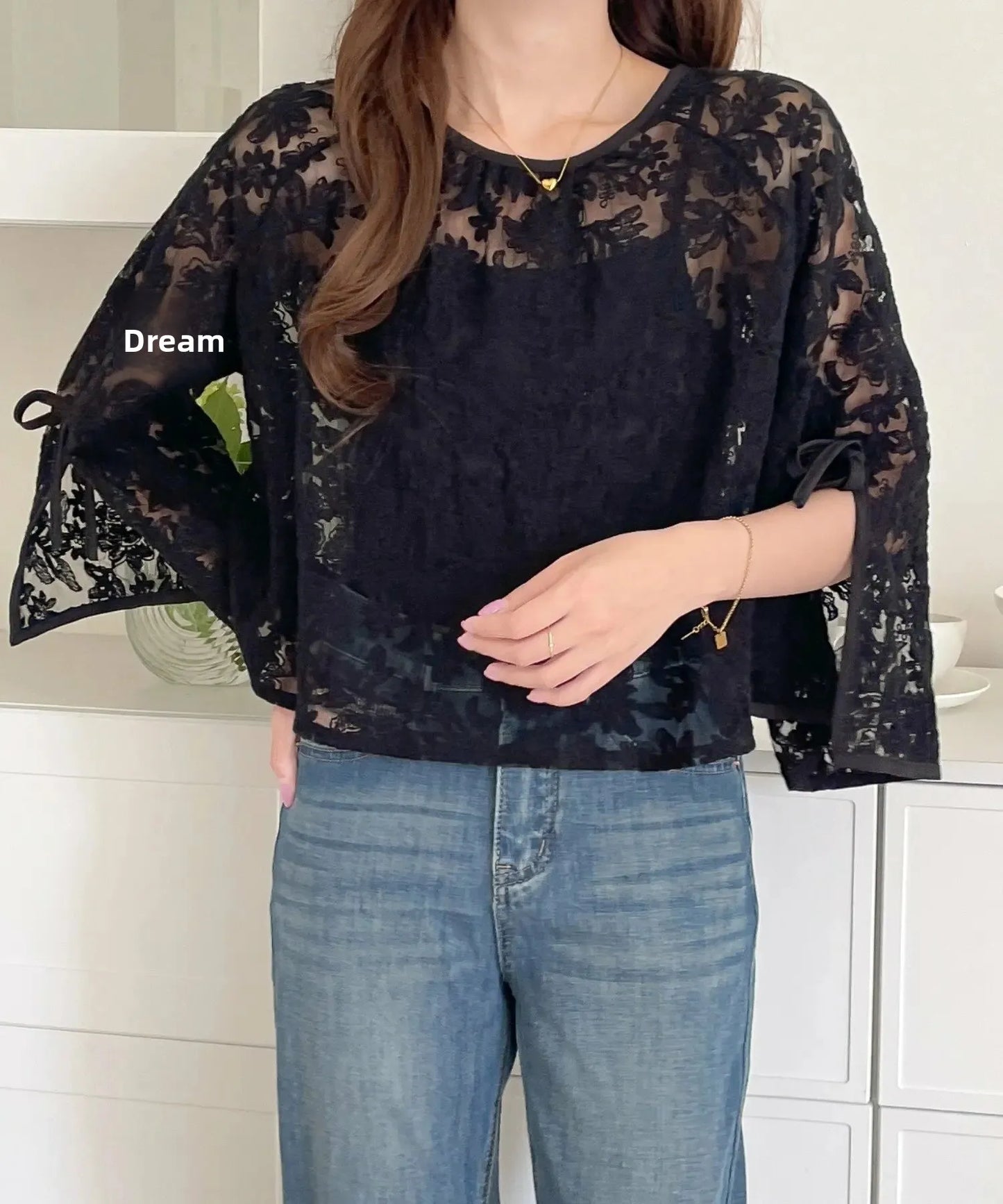 Round Neck Lace Shirt Women's Summer Floral Print Tie Dotted Cotton Blend Full Sleeve Slim Fit Button up Top
