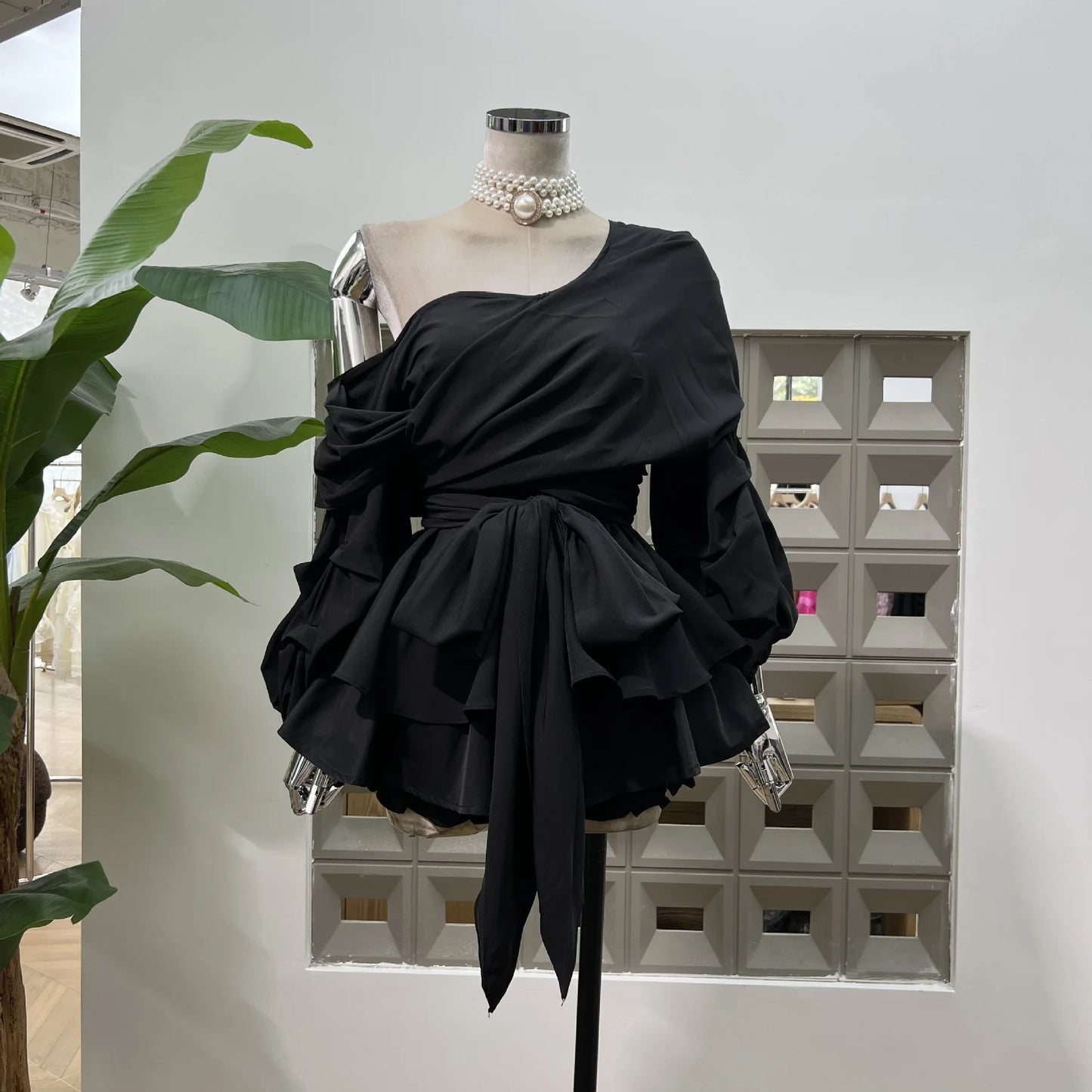 Women's Asymmetric Off-Shoulder Crop-Top Irregular Bow-Waist Puff-Sleeve Party Evening Top