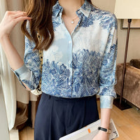 French Printed Lapel Shirt Long Sleeve Loose Mulberry Silk Top Temperament Commuting Shirt Women's Summer Style