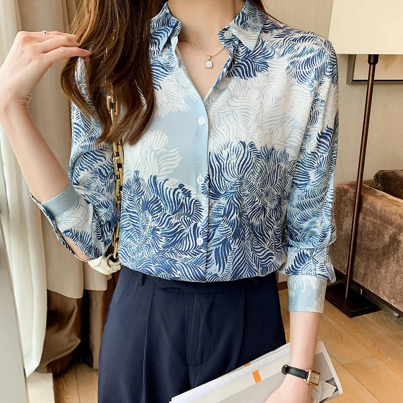 French Printed Lapel Shirt Long Sleeve Loose Mulberry Silk Top Temperament Commuting Shirt Women's Summer Style