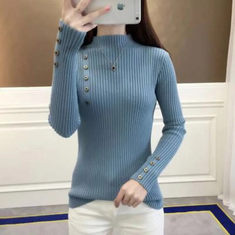 Half High Neck Sweater Women's New Style Pullover Knit Sweater with Button Up Long Sleeves Slim Fit Tight Fitting Bottom Shirt