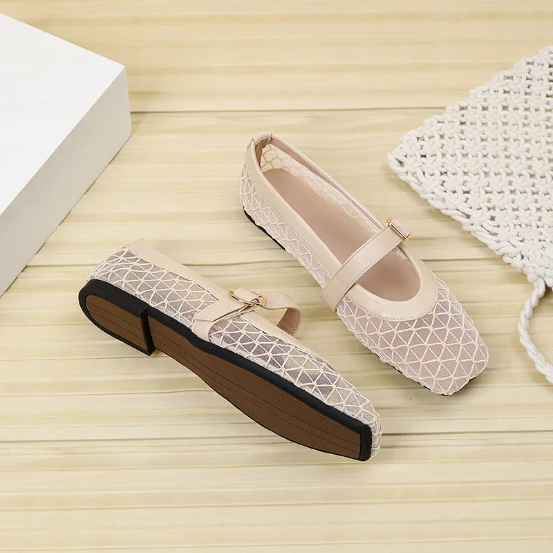 Fishnet Ballet Flats Square Toe Breathable Hollow Mesh Sandals Casual and Comfortable Mary Jane Shoes