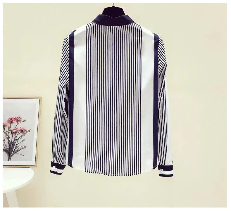 Office Lady Turn-down Collar Straight Loose Button Dress Shirts Blue Striped Long Sleeve Blouses Spring Thin Women's Clothing