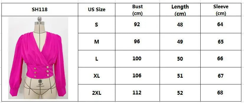 Women's Sexy V-neck Long Sleeved Short Waist Wrapped Bubble Sleeve Solid Shirt