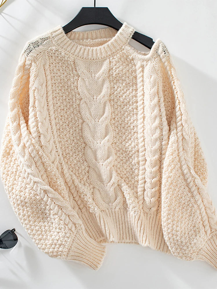 Solid Sweater Women O Neck Off Shoulder Pullover Simple Long Sleeve Knitted Jumpers Elegant Sweaters