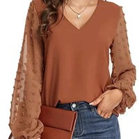 Nice Women Spring Summer Style Blouses Shirts Lady Casual V-Neck Long Lantern Sleeve Solid Color Blouse Tops Natalia Home Fashion    Natalia Home Fashion