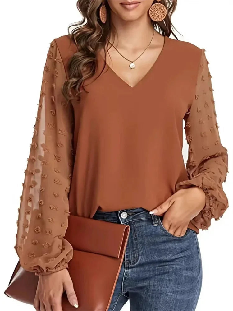 Nice Women Spring Summer Style Blouses Shirts Lady Casual V-Neck Long Lantern Sleeve Solid Color Blouse Tops Natalia Home Fashion    Natalia Home Fashion