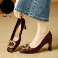 Basic Shallow Square Toe Women Pumps High Quality PU Leather Matte Thick Heel Office Shoes Woman Maroon 7CM High Heels