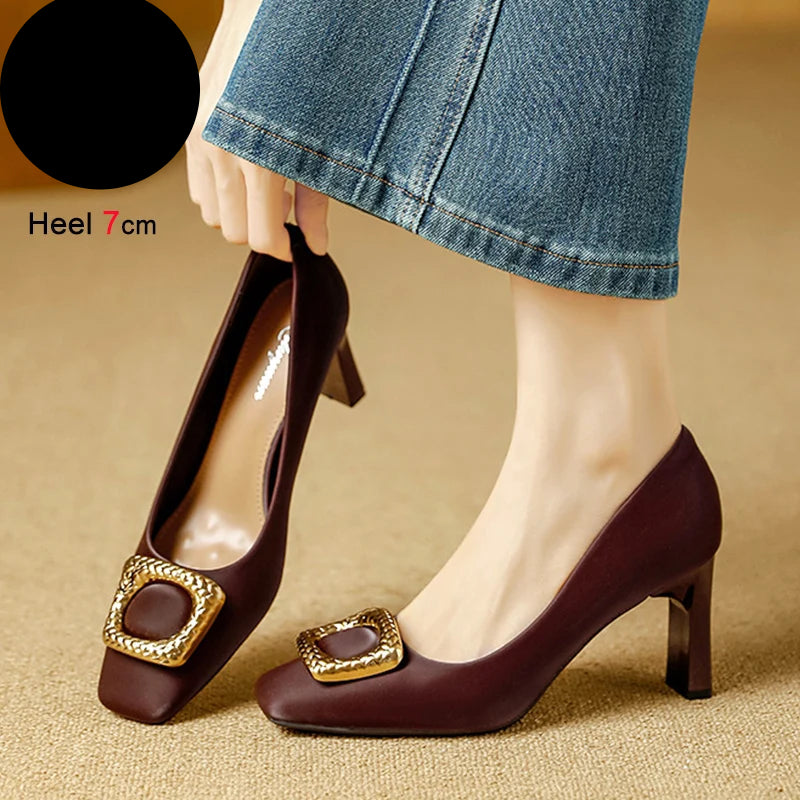 Basic Shallow Square Toe Women Pumps High Quality PU Leather Matte Thick Heel Office Shoes Woman Maroon 7CM High Heels