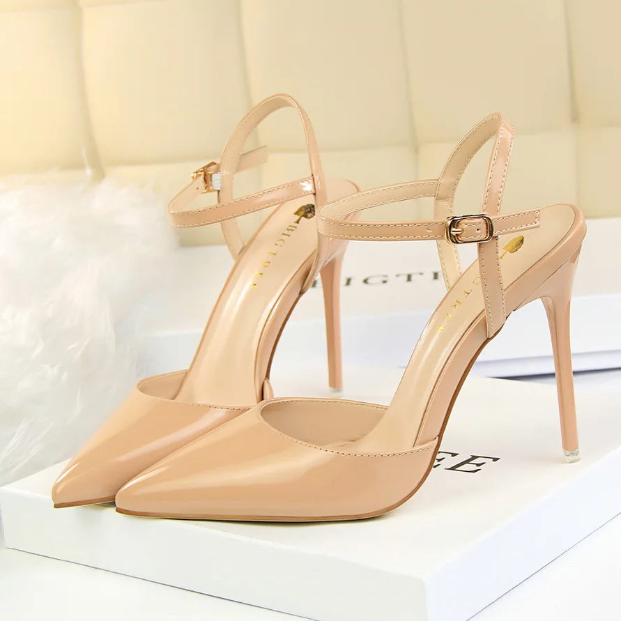 Women 10.5cm High Heels Sandals Lady Metallic Gray Patent Leather Stripper Ankle Strap Sandals Wedding Fetish Nightclub Shoes