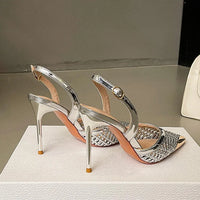 Elegant Hollow Out Woven Stiletto Sandals Women Pointed Toe Metal Straps High Heels