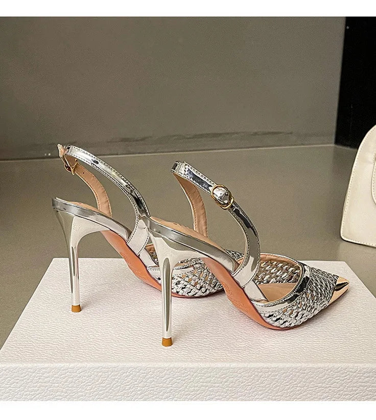 Elegant Hollow Out Woven Stiletto Sandals Women Pointed Toe Metal Straps High Heels