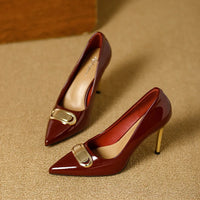 French Style Single Shoes Spring Women Pumps New Pointed Toe Shallow Mouth Metallic Buckle Commuting Shoes Stiletto Single Shoes