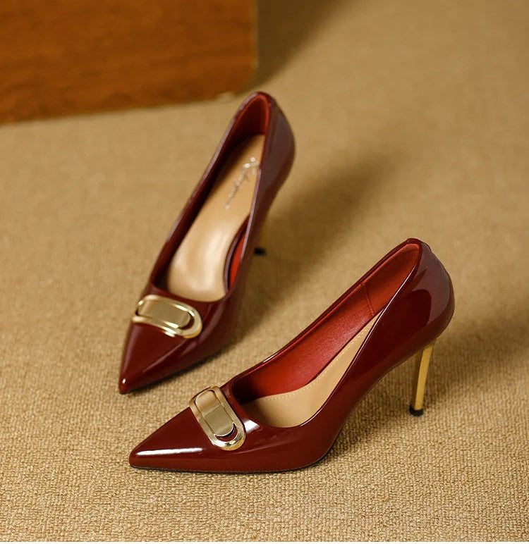 French Style Single Shoes Spring Women Pumps New Pointed Toe Shallow Mouth Metallic Buckle Commuting Shoes Stiletto Single Shoes